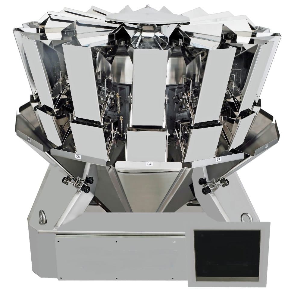 Multihead weighing system for a packaging line